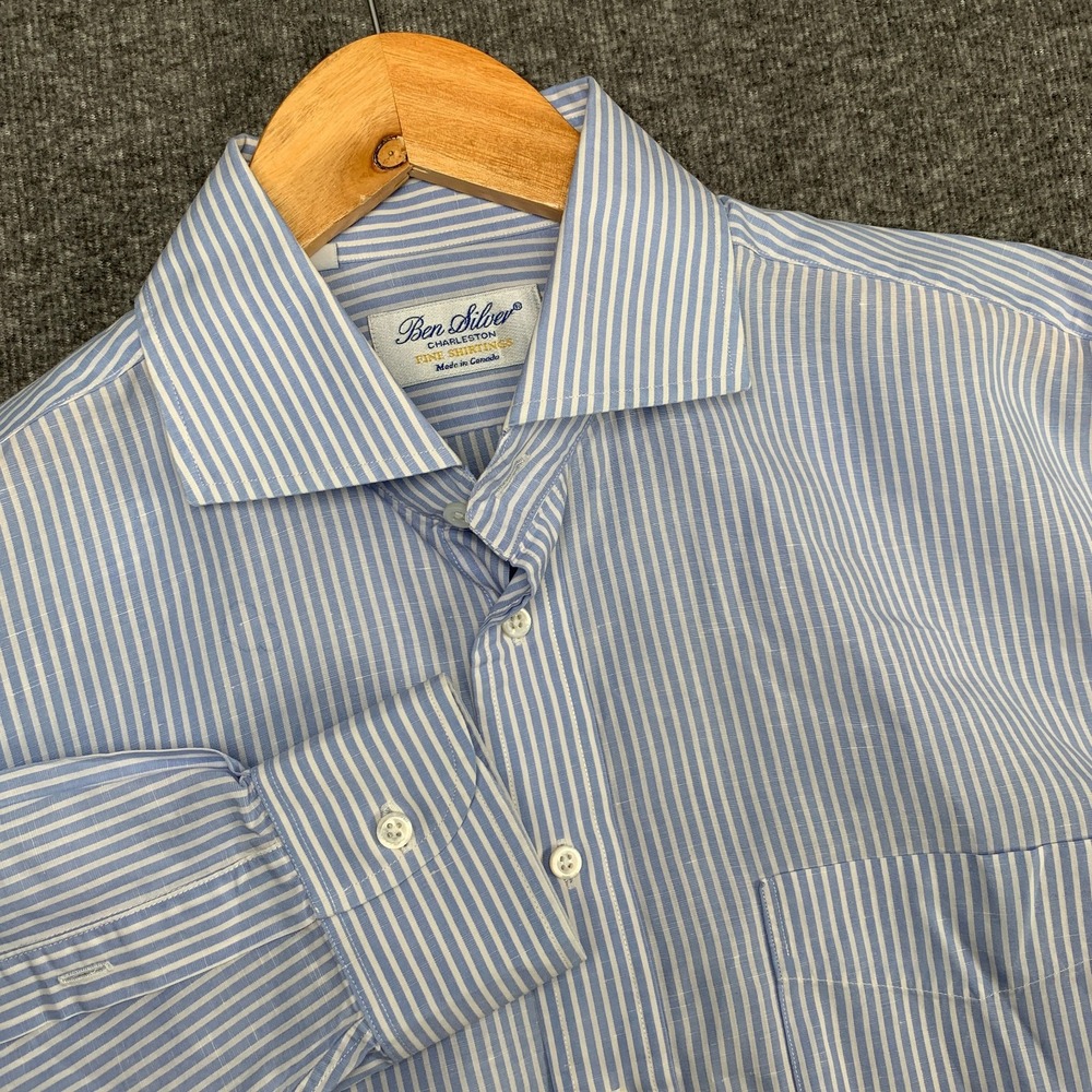Ben Silver Charleston Shirt Men 16.5 Linen Blue Striped Quiet Luxury Classic